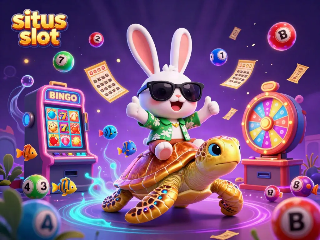 Experience thrilling situs slot action with a lucky rabbit and golden turtle amidst dynamic lottery elements.