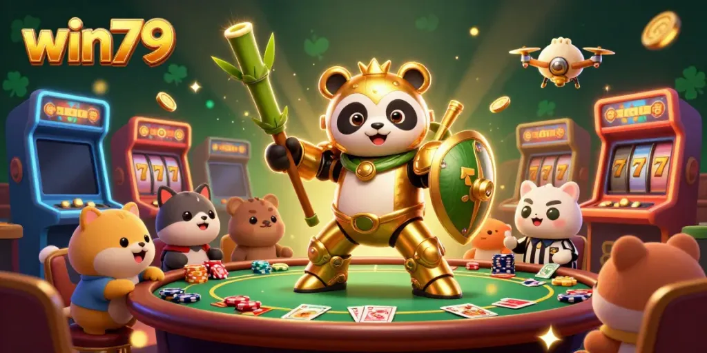 Experience thrilling gameplay at win79 with a vibrant casino arena, golden panda, and dynamic gaming elements.