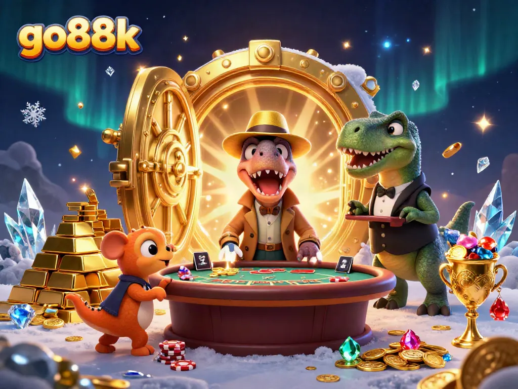 Play and win at go88k with a velociraptor at the blackjack table amid treasure!