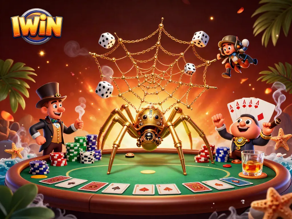 IWIN brings excitement to the table with a dynamic steampunk casino scene featuring poker elements and a whimsical twist.