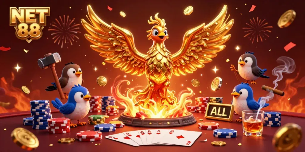 Win big with NET 88 featuring a glorious molten phoenix and poker elements in a vibrant casino scene.