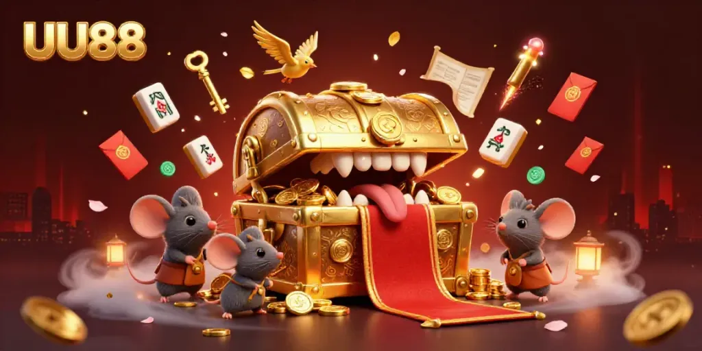 Experience the excitement of UU88 with animated treasure chests, glowing lanterns, and festive elements.