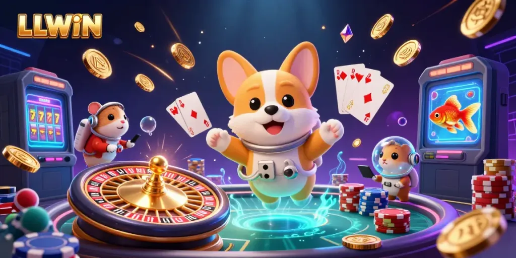 Experience LLWIN's thrilling gaming atmosphere in a 3D digital illustration with vivid casino elements.