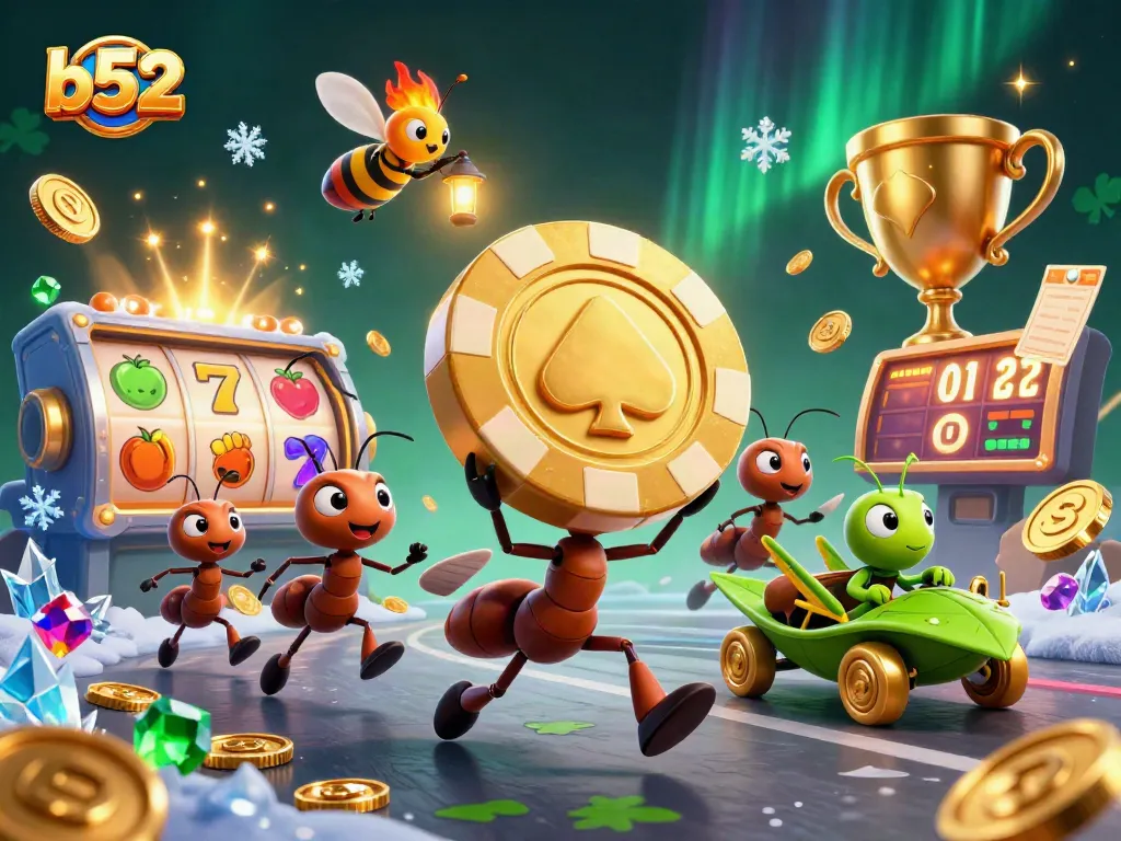 Experience thrilling b52 action with ants heisting a giant poker chip amidst dynamic slot elements.