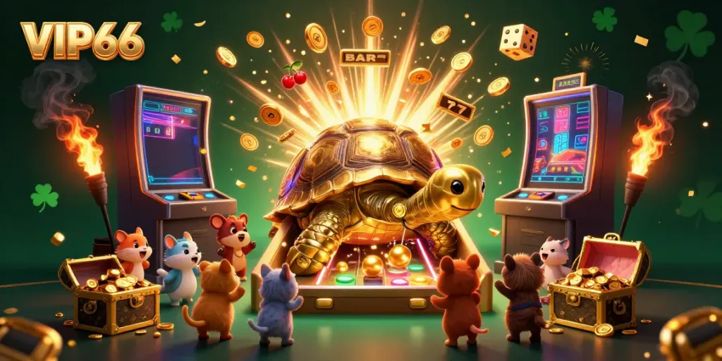 Engage with VIP66's thrilling slot experience amidst a golden tortoise pinball machine in this vibrant casino scene.
