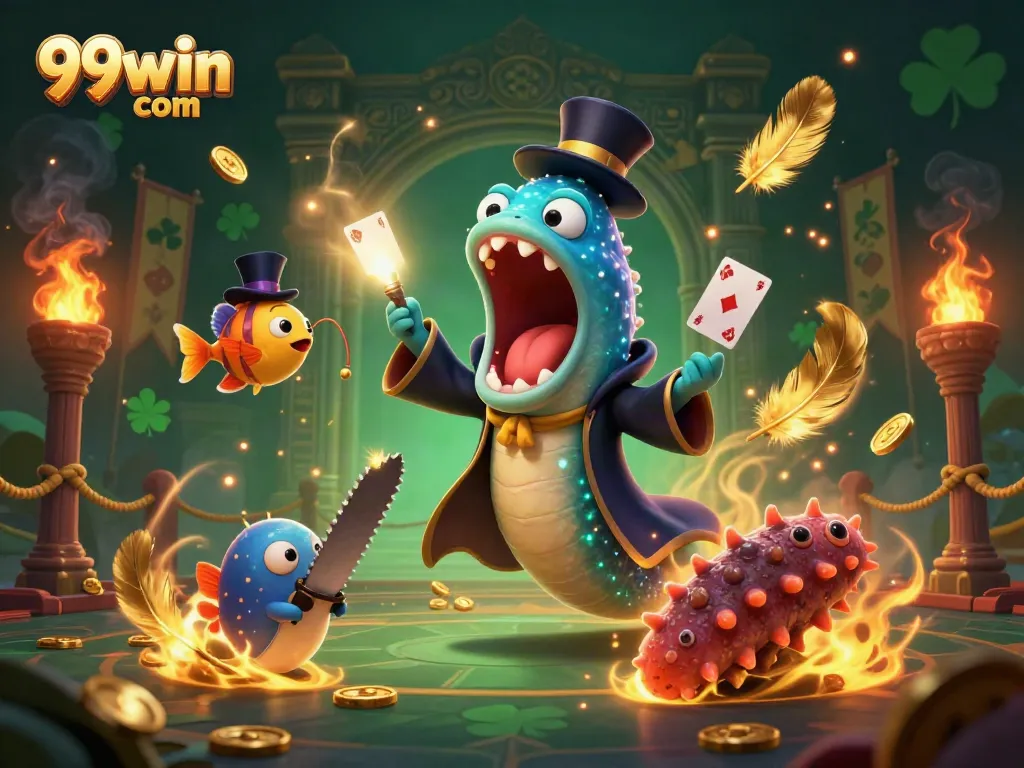 Experience thrilling gameplay at 99win com with vibrant characters performing magic tricks and rich casino elements.