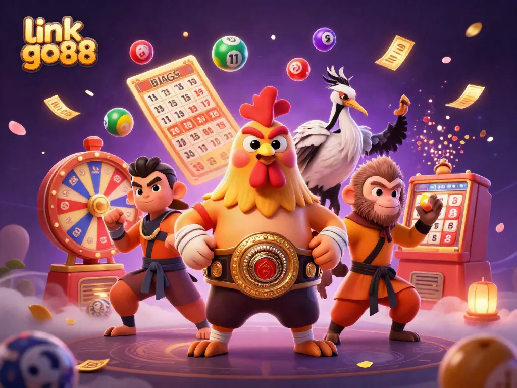 Engage in thrilling gameplay with link go88 as a fierce Muay Thai rooster takes center stage among vibrant lottery elements.
