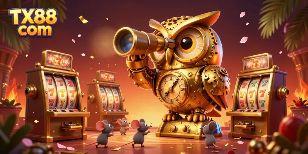 Experience the excitement of TX88 com with a whimsical illustration featuring a clockwork owl and bronze slot machines.