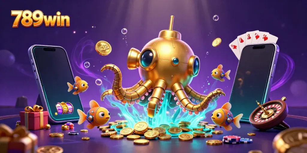 Experience thrilling action with 789win as the golden kraken submarine bursts through golden coins, showcasing immersive casino elements.