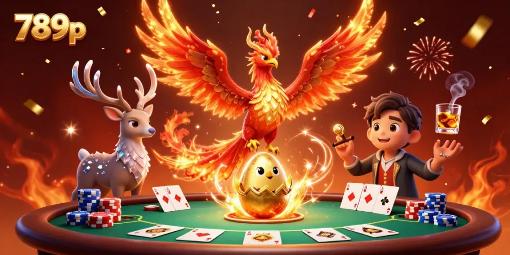 Engage in thrilling gambling adventures with 789p, featuring a vibrant casino scene with a fire phoenix and poker elements.