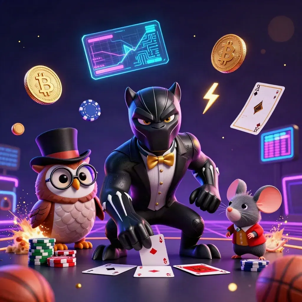 Panther, owl and mouse in neon casino action with flying sports balls and coins on a dark grid.