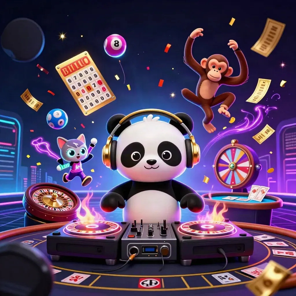 DJ panda, breakdancing monkey and glow-stick kitten amid roulette, bingo and neon fireworks.