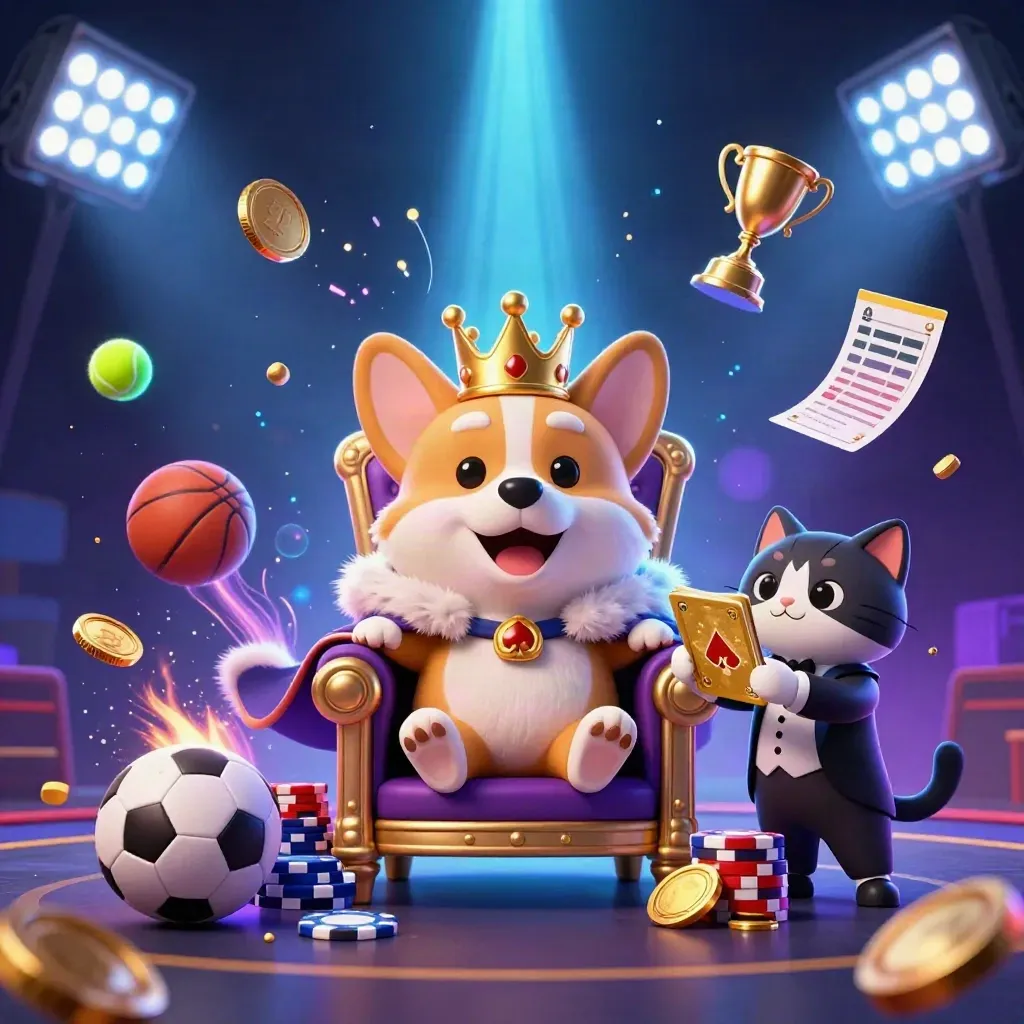 Royal corgi and cat butler amid flying sports balls, gold coins, and neon casino light.