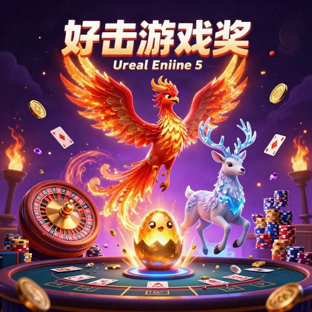Phoenix, hatchling, and crystal stag amid casino coins, cards, roulette wheel, and neon light.
