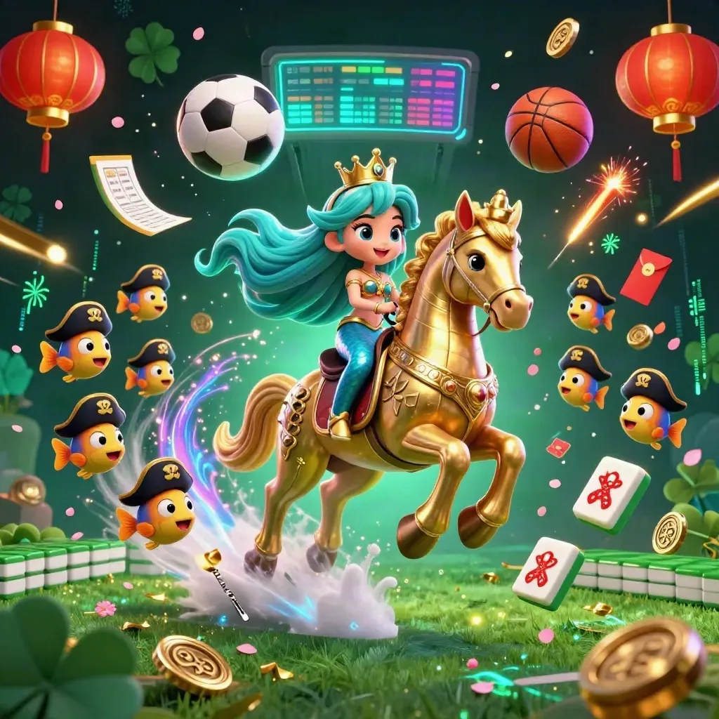Mermaid princess rides armored seahorse amid casino sparkles, balls, lanterns, and neon bolts