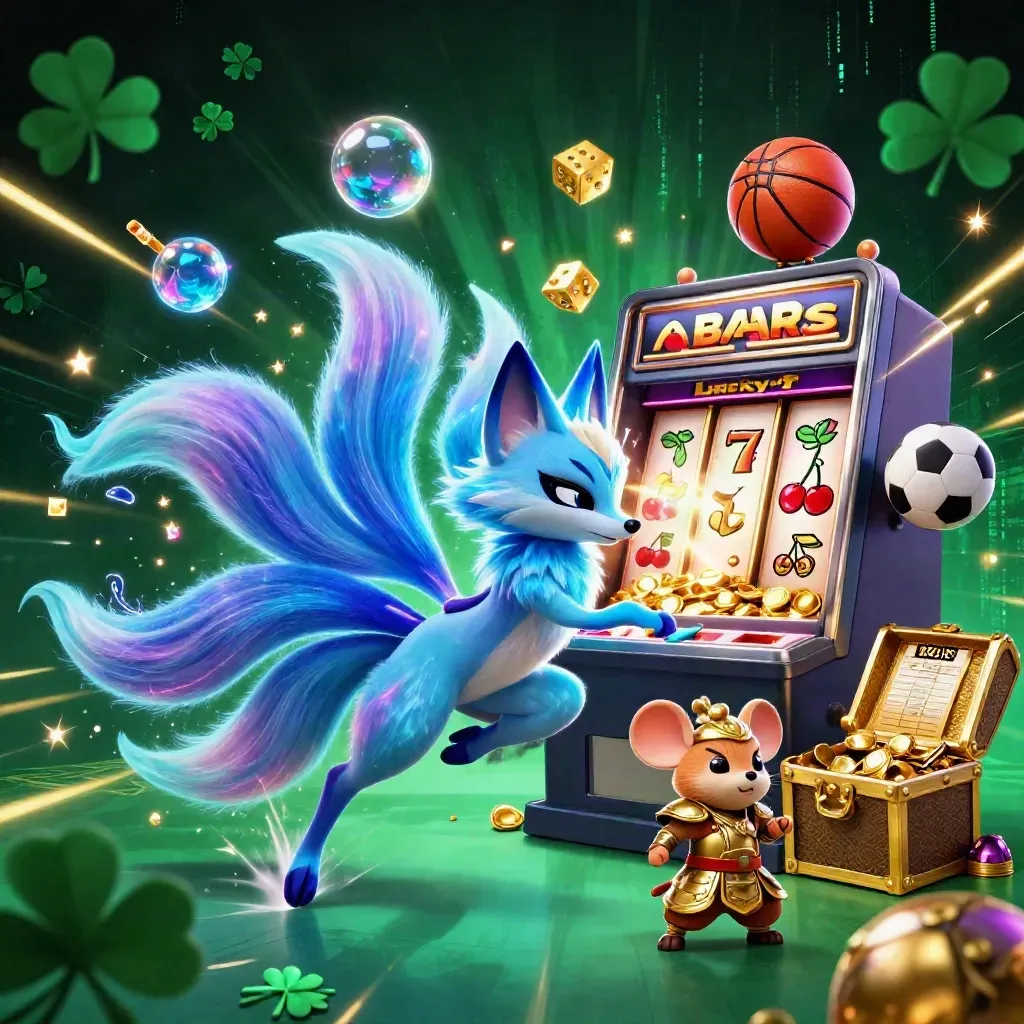 Fox spirit and samurai mouse amid exploding slot machine, coins, and sports balls