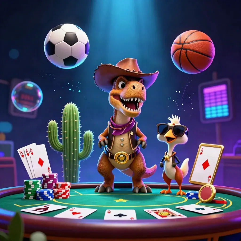 Cowboy T-Rex, cactus, and roadrunner explode amid casino props and flying balls.