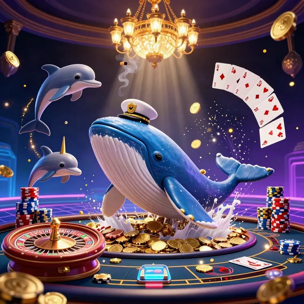 Whale captain, narwhal, and dolphins in a neon casino storm of coins, cards, chips, and gold
