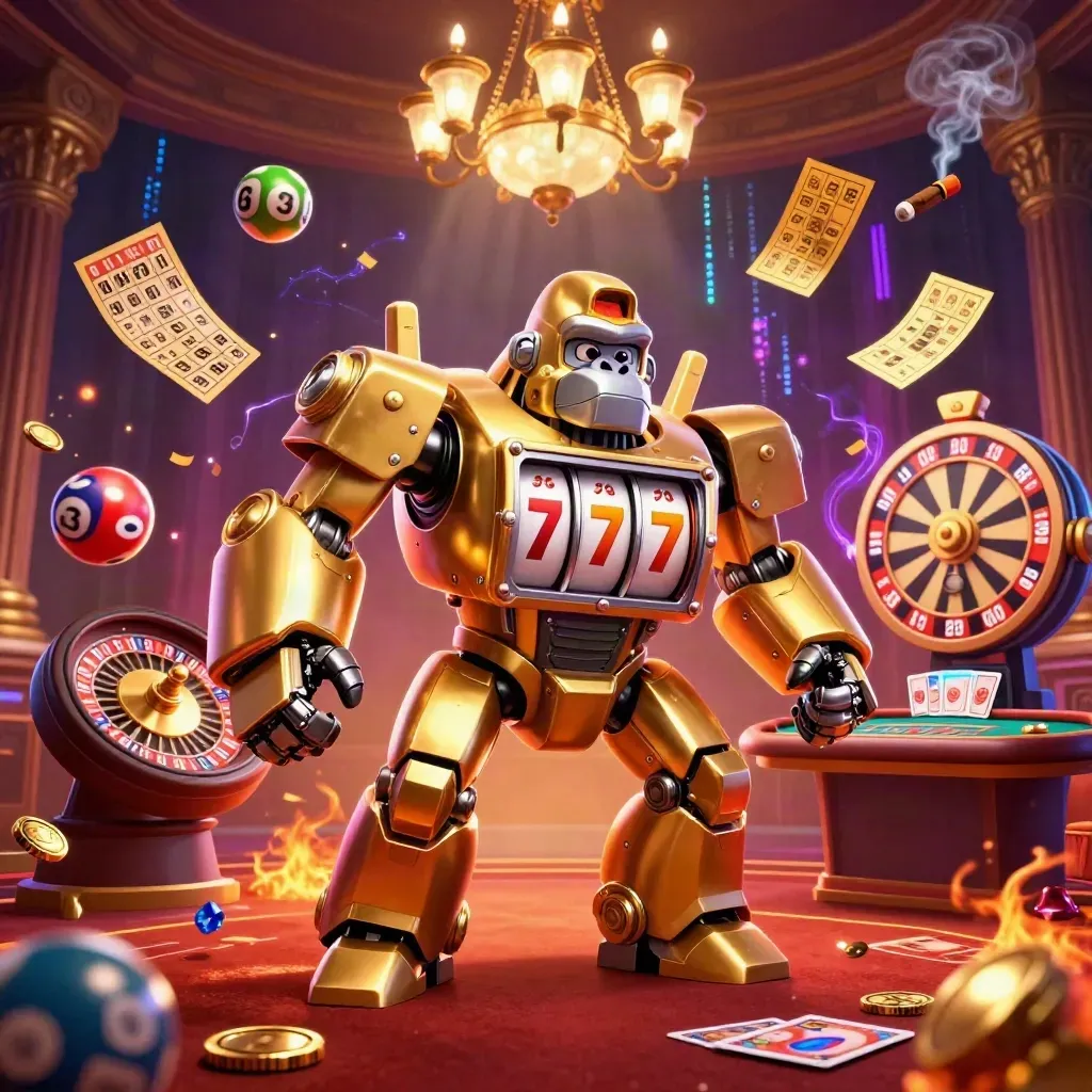 Golden gorilla mech and monkey pilot amid casino glow, roulette, table, wheel, and neon energy.