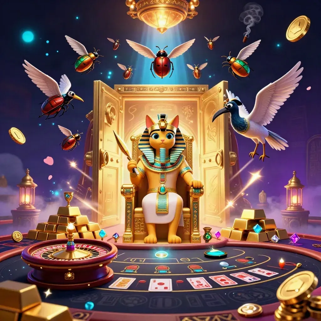 Pharaoh cat, ibis scribe, and scarab beetles amid vault treasure and casino glow