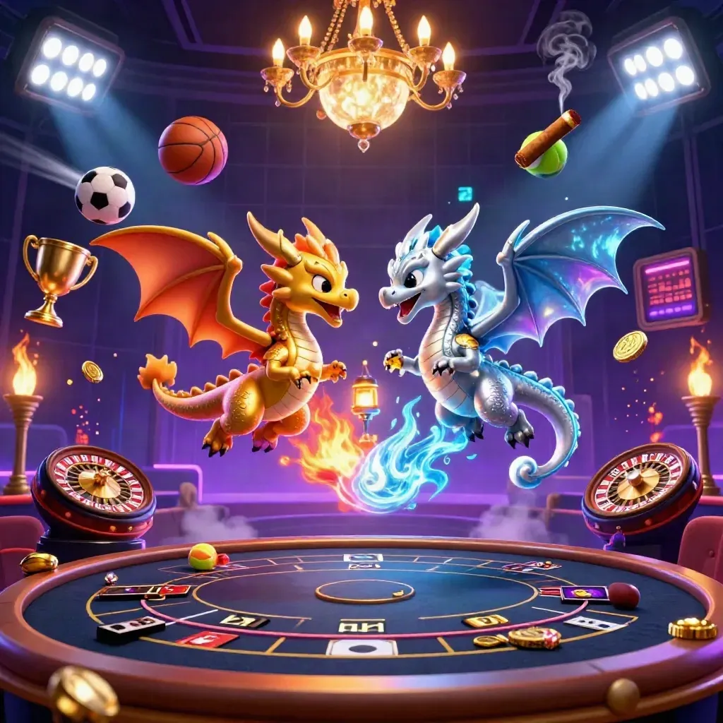 Twin gold and silver dragons swirl above a neon casino lounge with coins, trophy, and chandelier.