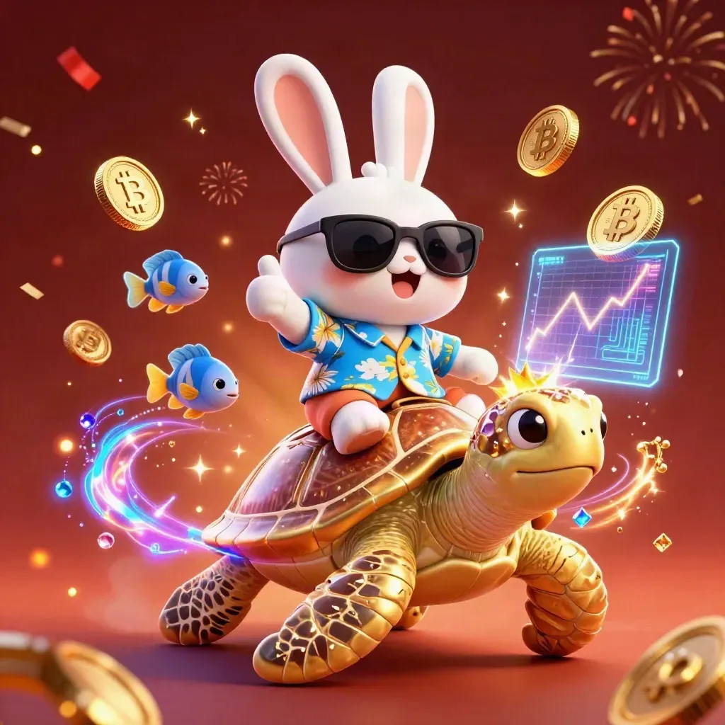 Lucky rabbit rides a gem-shell sea turtle amid crypto coins, sparks, and casino glow.