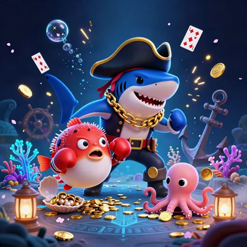 Pirate shark, boxing pufferfish, and coin-juggling octopus in a glowing treasure cove