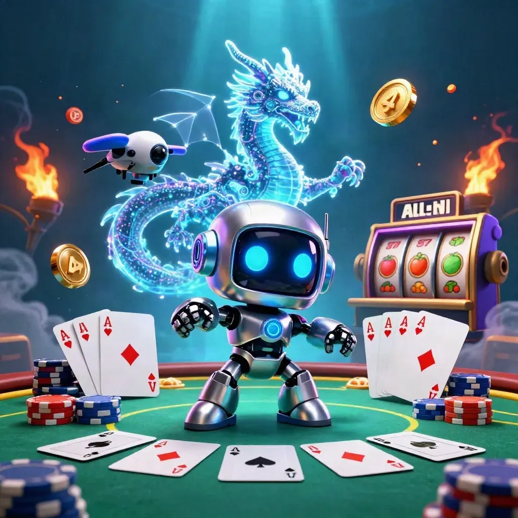 Cyberpunk robot, holographic dragon and coin drone over casino cards and chips in neon blue glow