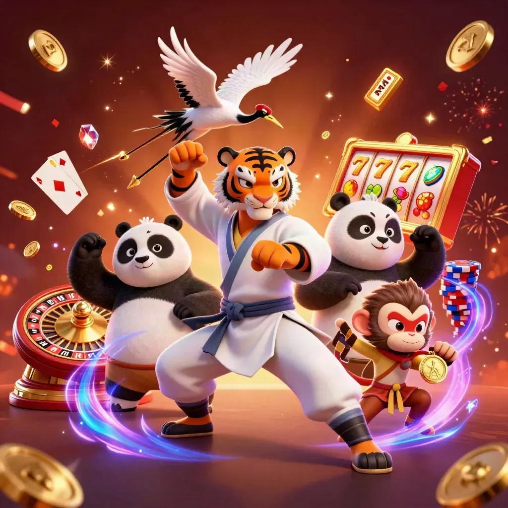 Kung-fu tiger, panda, and monkey amid casino coins, roulette, chips, and glowing blue magic.