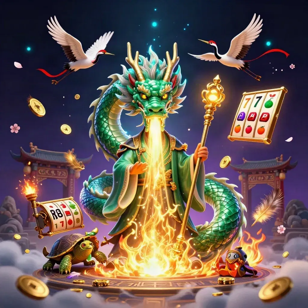 Emerald dragon, turtle sage, and cranes amid gold fire, coins, temple gate, and neon casino effects.