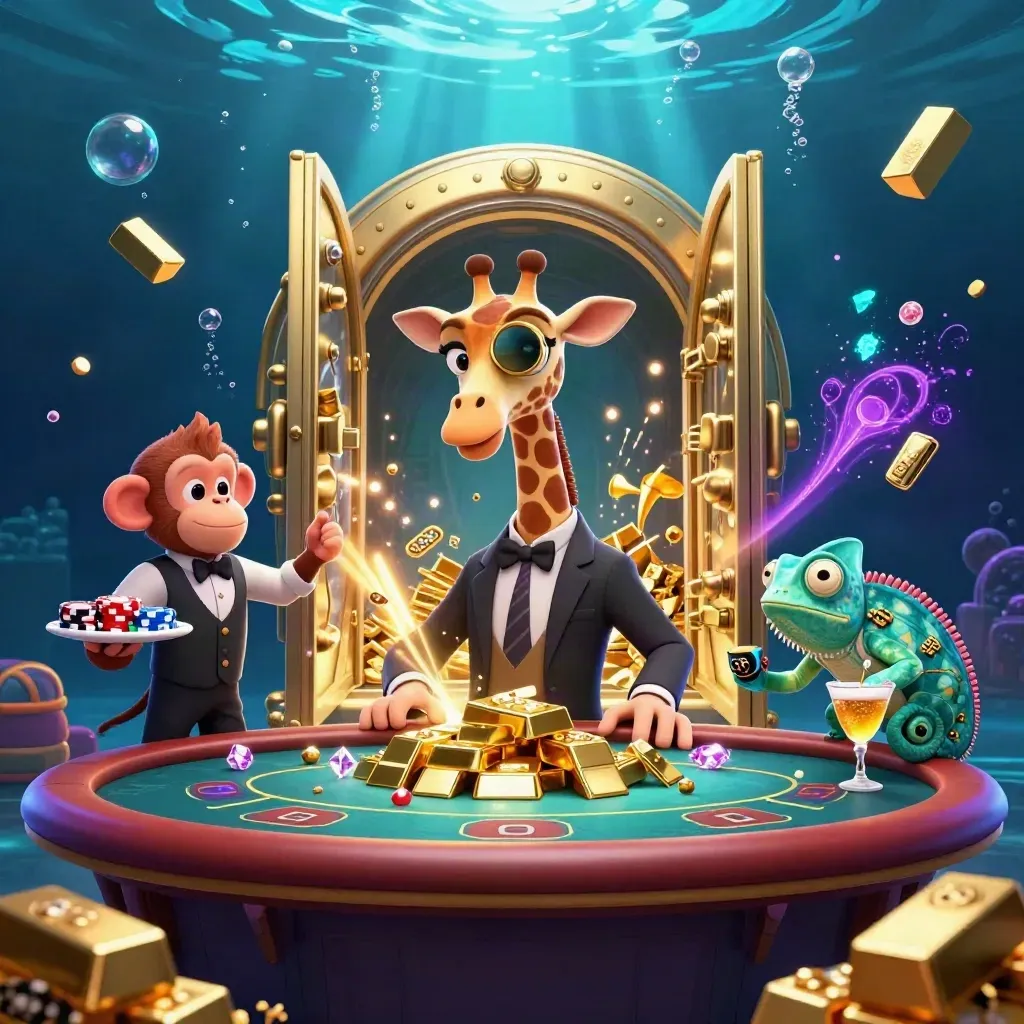 Giraffe, monkey, and chameleon amid vault treasure in a neon underwater casino scene
