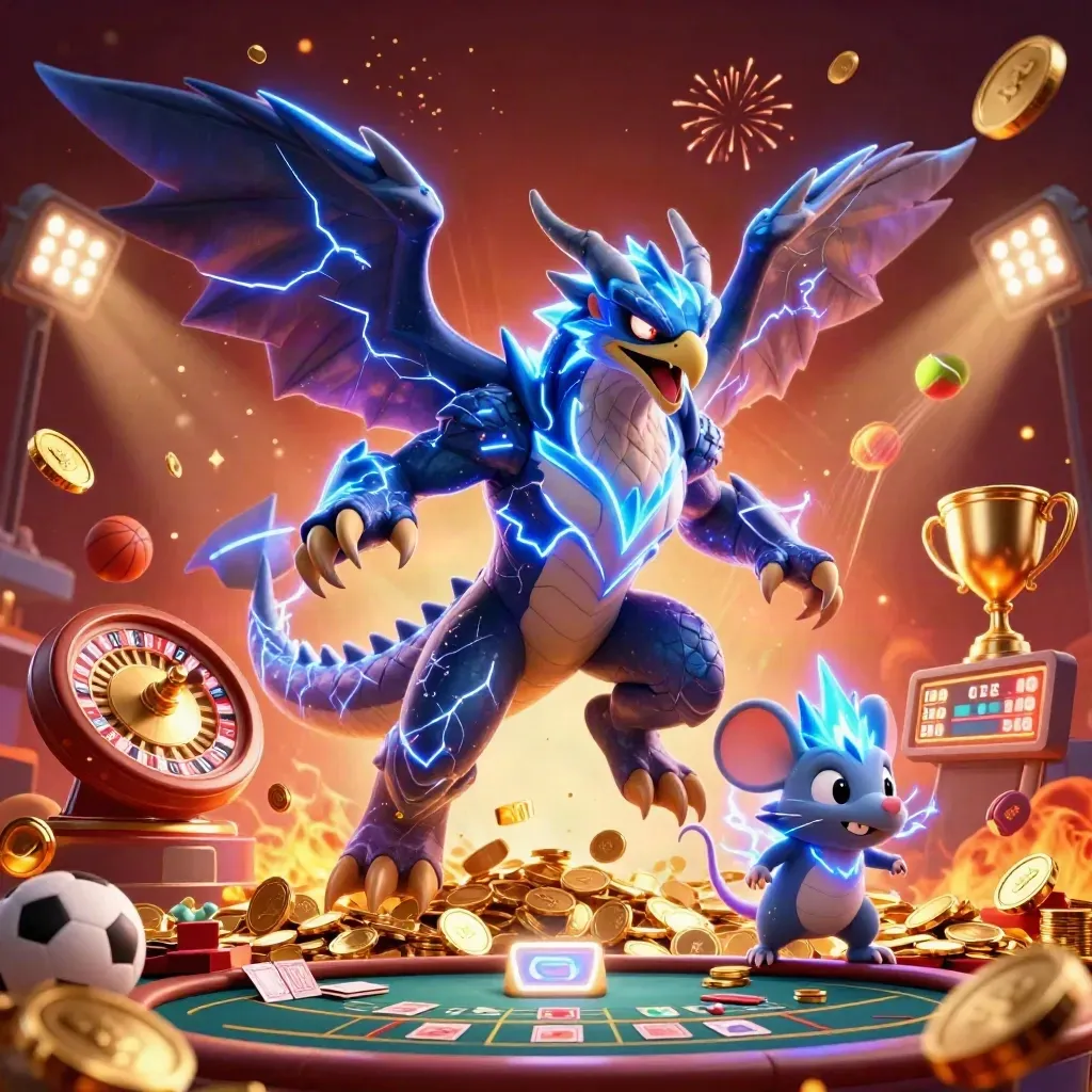 Electric dragon, hawk, and mouse bursting with coins, lights, roulette, cards, and fireworks.
