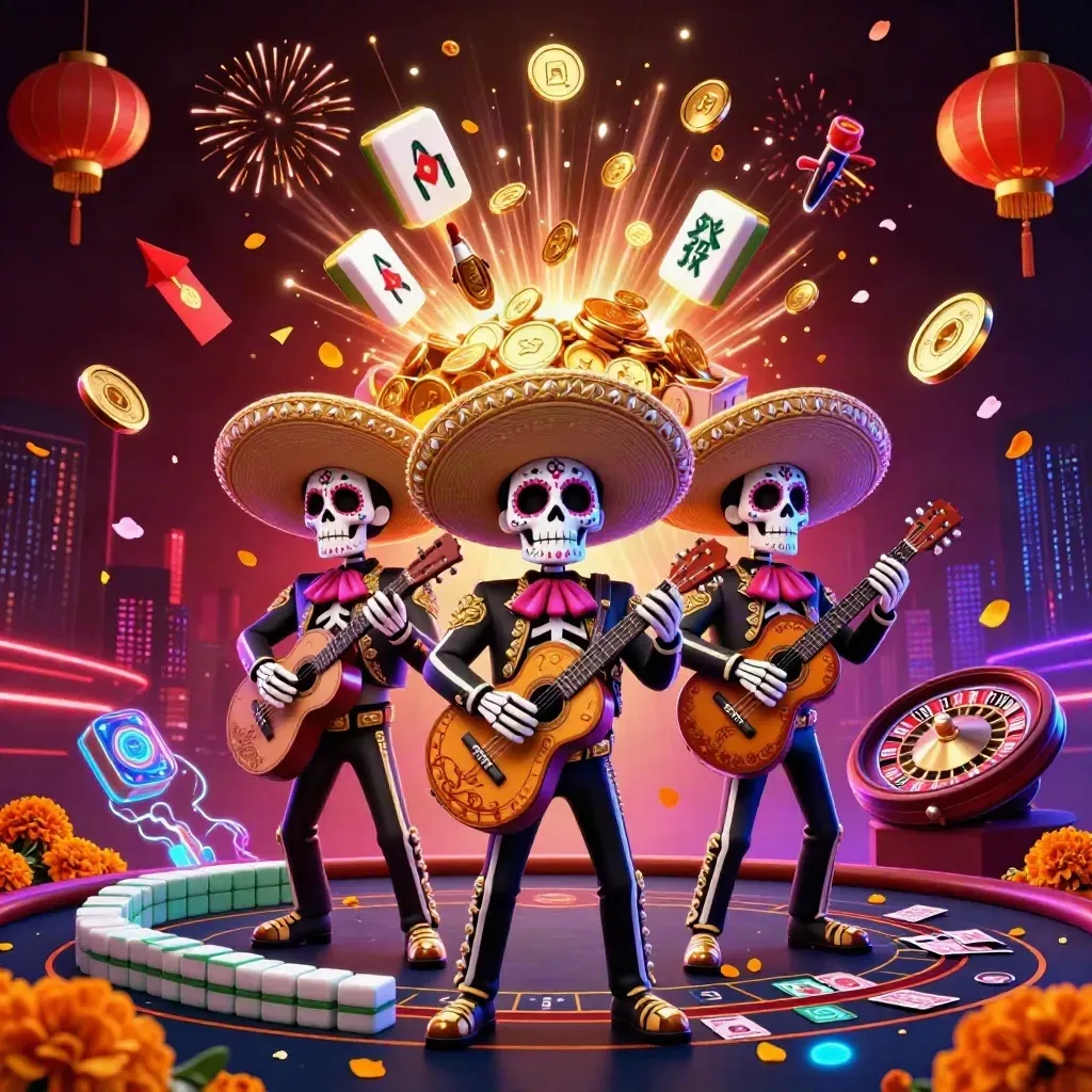 Skeleton mariachi trio with coins, fireworks, lanterns, and casino tables in a neon vault burst.