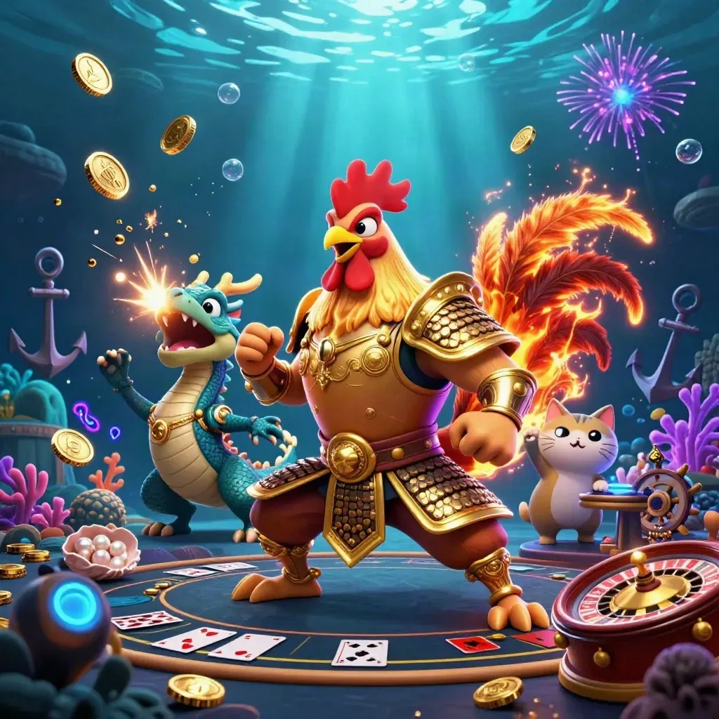 Rooster warrior, dragon hatchling, and fortune cat amid coins, coral, roulette, and underwater light
