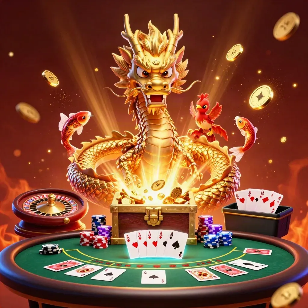 Golden dragon, phoenix, koi, coins, chips, roulette, and cards in a fiery casino burst.