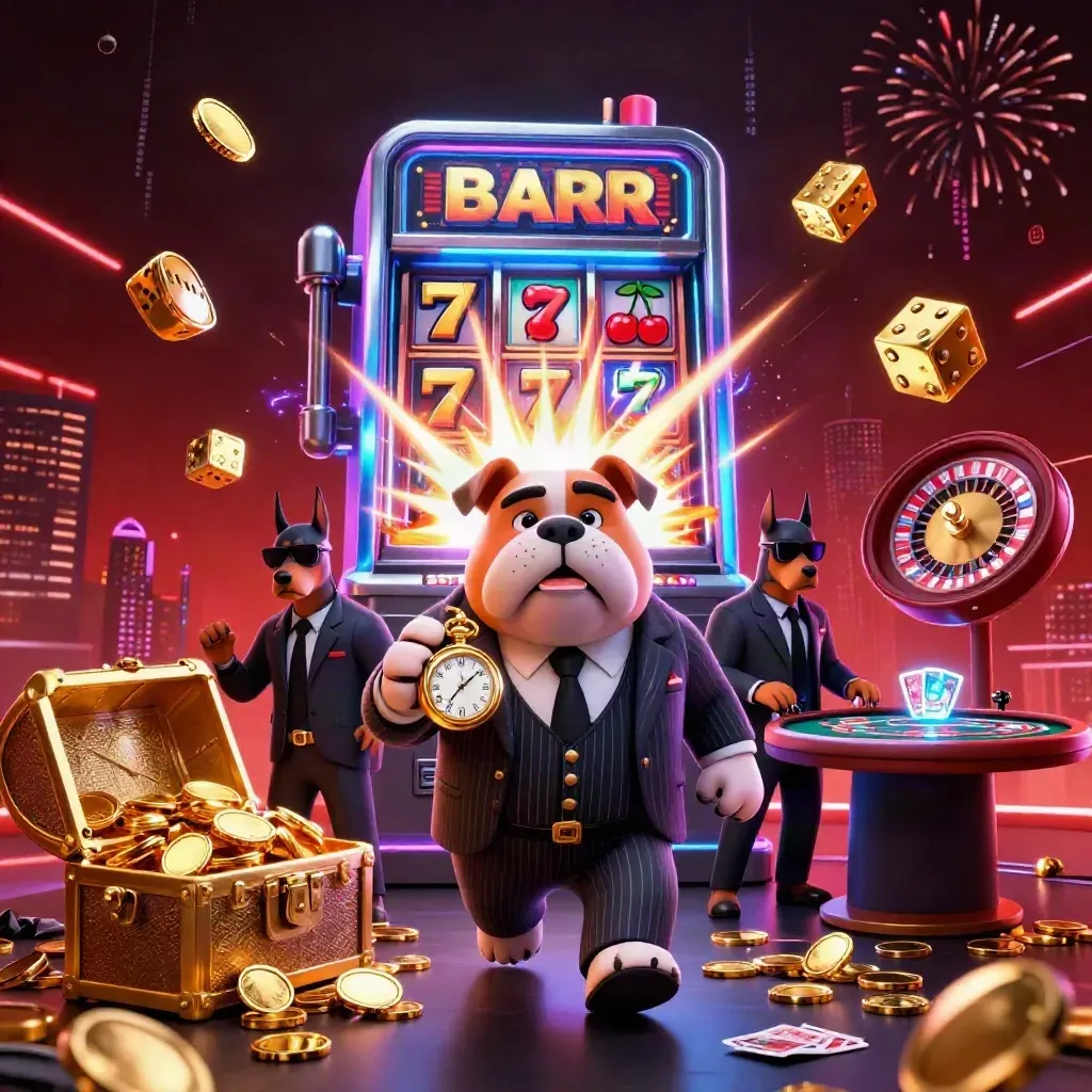Mafia-boss bulldog and Dobermans amid exploding slot machine, coins, roulette, and neon casino chaos.
