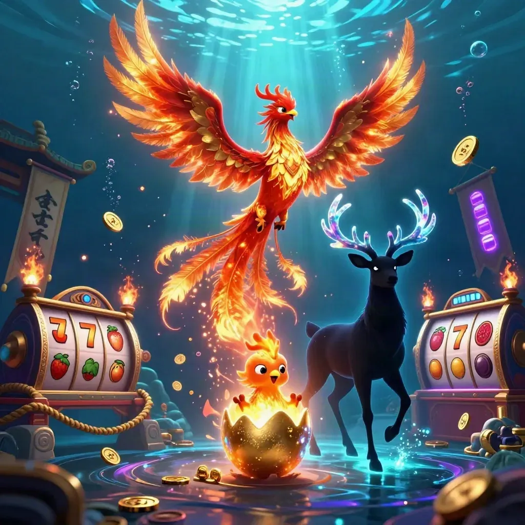 Phoenix, stag, and hatching chick amid casino relics in a glowing underwater fantasy