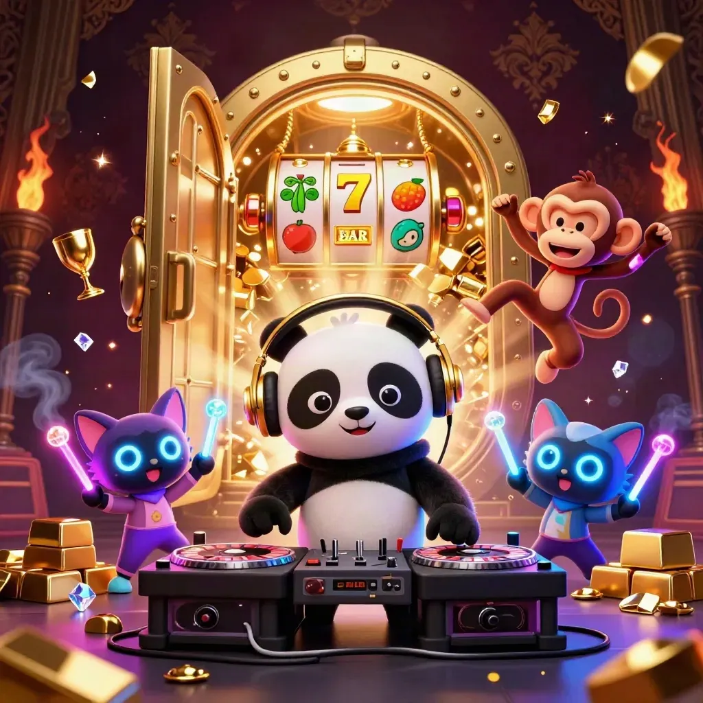 DJ panda, dancing monkey and rave kitten amid gold vault, roulette wheels and neon casino sparks.