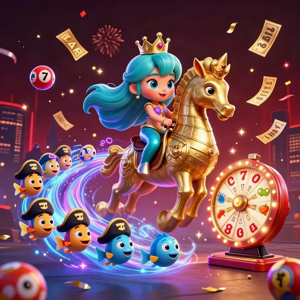 Mermaid princess on armored seahorse with pirate fish, casino bursts, fireworks, neon dark backdrop