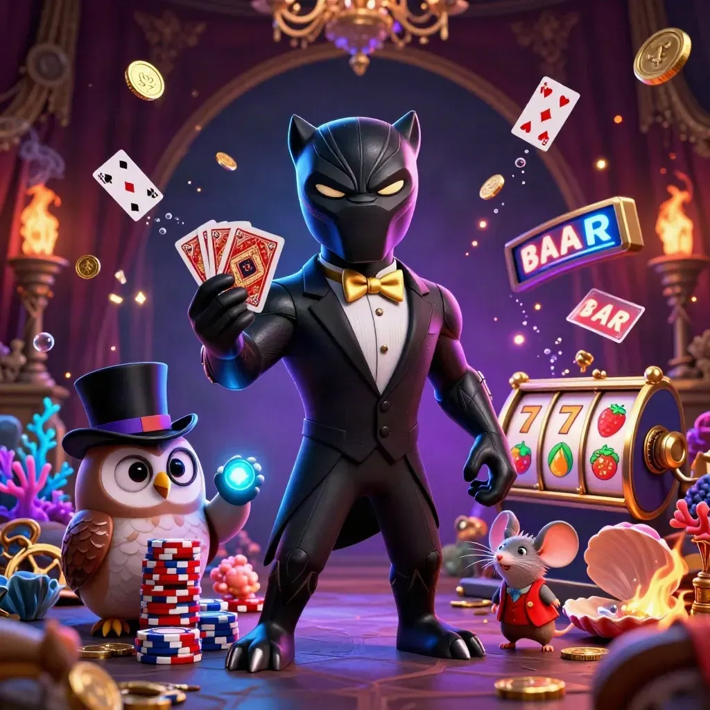 Black panther, owl and mouse in casino garb amid coins, cards and neon treasure cove