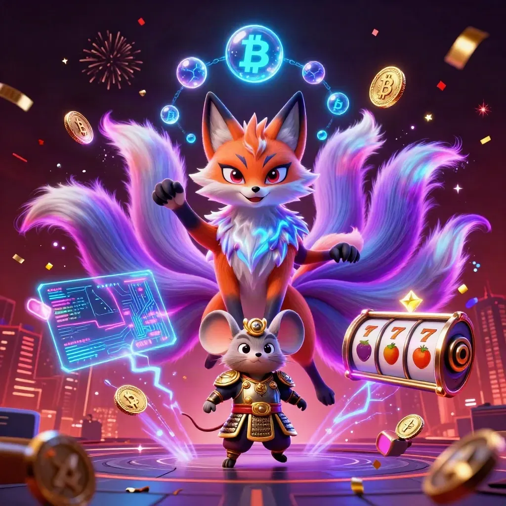 Neon nine-tailed fox and samurai mouse with casino coins, slots, lightning, and dark red glow.
