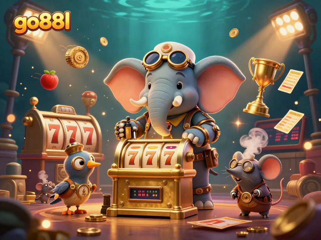 Go88l showcases a vibrant 3D cartoon steampunk casino scene with dynamic slot machines and playful characters.