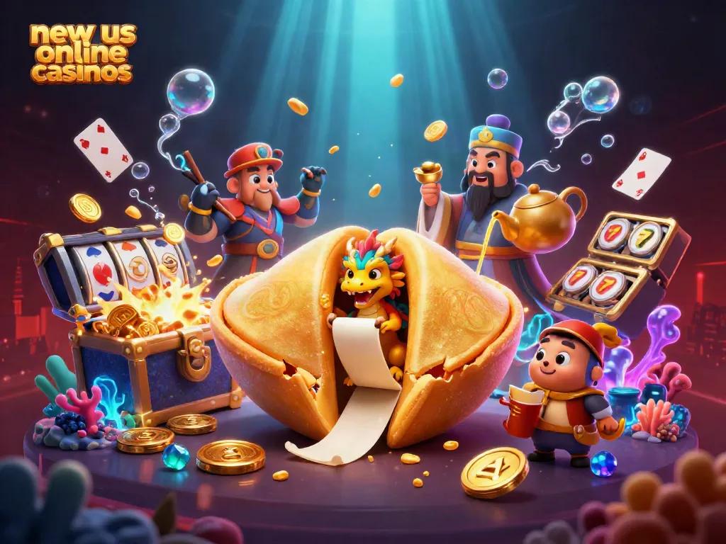 Win big at new us online casinos with a vibrant 3D scene featuring lucky dragon and golden treasure.