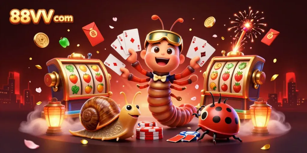Spin slots to win big at 88VV com, featuring a vibrant casino scene with exciting characters.