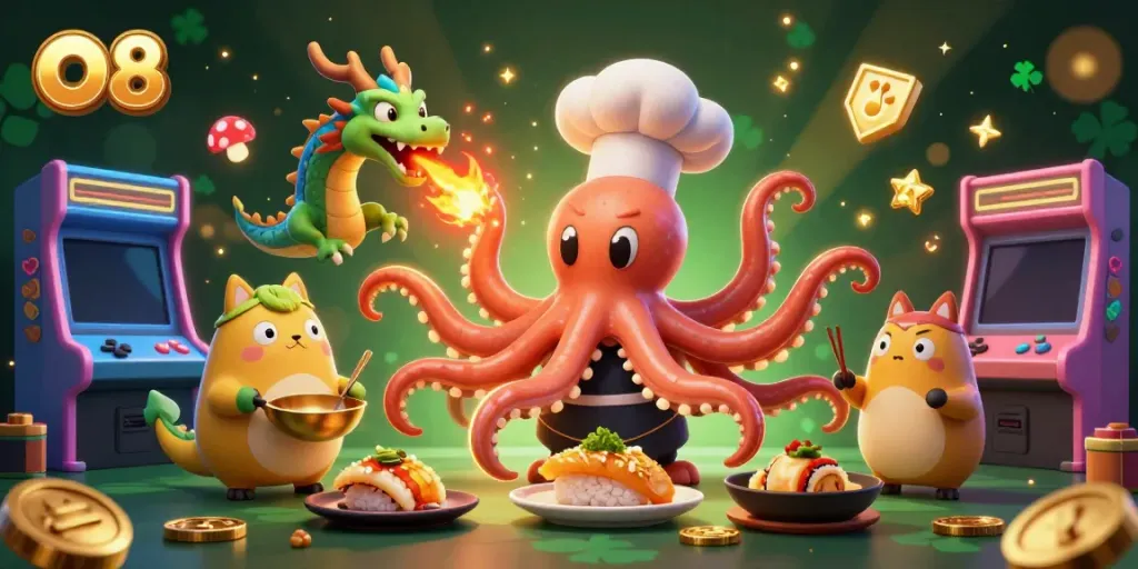 Experience vibrant gameplay with O8's unique casino characters in a dynamic 3D scene.