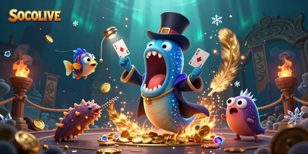 SOCOLIVE showcases a dazzling underwater casino scene with vibrant creatures performing thrilling tricks.