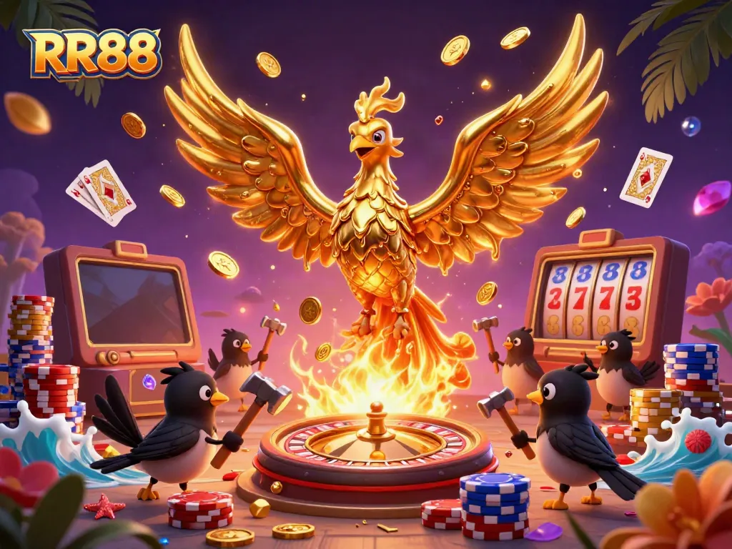 Experience thrilling wins with RR88's golden phoenix rising above cascading coins and a vibrant casino scene.