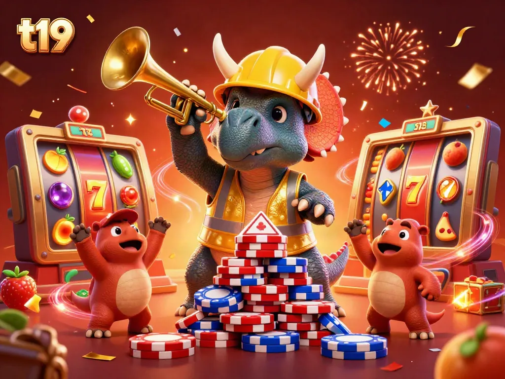Experience thrilling moments at t19 with a cartoon triceratops building poker chips while celebrating with vibrant slot games.