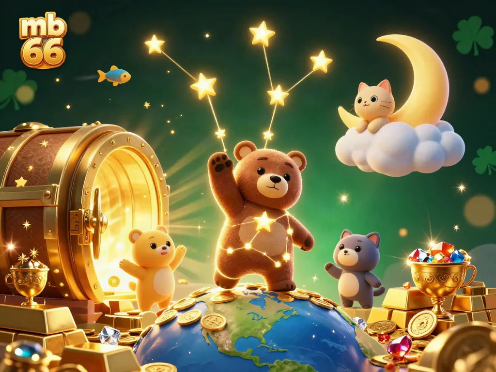 Experience the thrill of mb 66 with a vibrant casino-themed 3D illustration featuring gold, jewels, and charming characters.
