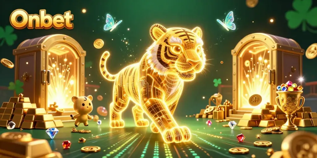 Experience the digital casino adventure with Onbet's vibrant neon-wireframe tiger amidst rich treasures and gems.